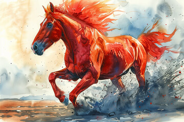 A painting of a red fiery horse in full gallop, kicking up sand as it runs across a sandy terrain