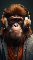 monkey wearing headphones with brown hair, in the style of hip hop aesthetics