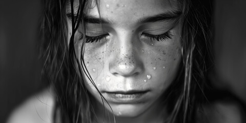 Fototapeta premium Sorrowful young girl eyes closed with tears streaming down her face. 