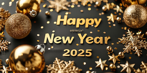A new year card decorated with gold and silver ornaments on a black background Happy New Year 2025 sign