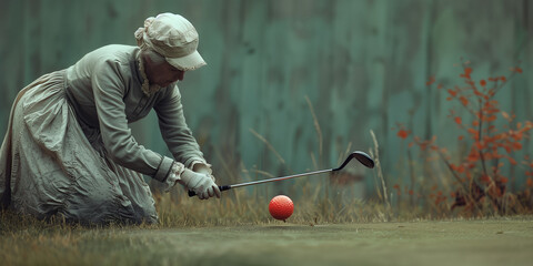 A woman in a white dress swings a golf club to hit a red ball