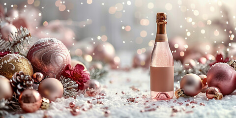 A bottle of champagne rests on snowy ground