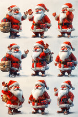 Set of Santa Clauss gathered together in a snowy setting