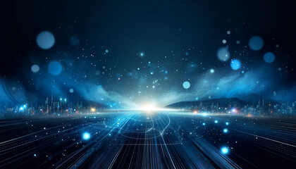 Obraz premium Wide-format image with a dark blue and black background, blurred textures, and light streaks for a futuristic look. 