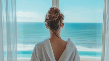 Beautiful woman in a resort hotel room, wearing a white dress, and looking out over the ocean....