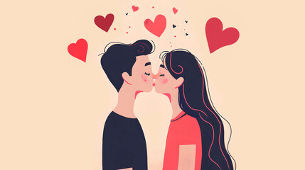 front view portrait couple kissing, minimalistic illustration style, romantic concept, for banner, design, poster, cover, print, book, card, light isolated background , copy space for text