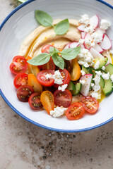 Mediterranean hummus plate with fresh tomatoes, cucumber, radish and feta, vertical shot, middle closeup, selective focus