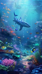 Animals of the underwater sea world. Ecosystem. Colorful tropical fish. Life in the coral reef