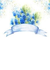 Watercolor template with spring blue flowers and green leaves and blue banner ribbon, splashes and drops, primroses, snowdrops, hyacinths, first flowers, for spring, wedding decoration