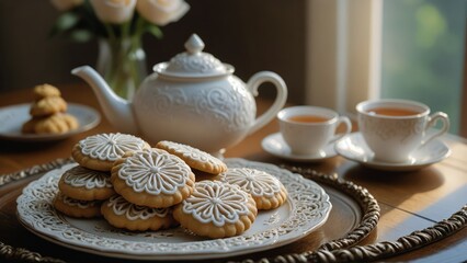 Fototapeta premium Elegant tea set with beautifully decorated cookies on a tray, perfect for a cozy afternoon tea, with a bouquet of roses in the background.