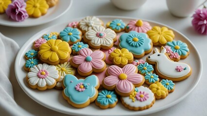 A delightful assortment of beautifully decorated cookies with floral and animal designs, perfect for a spring or Easter celebration.
