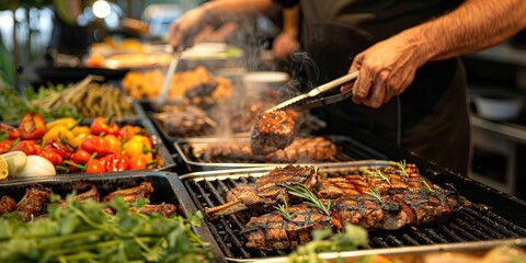 Group of people on catering buffet food indoor in restaurant with grilled meat. Buffet service for any festive event, party or wedding reception