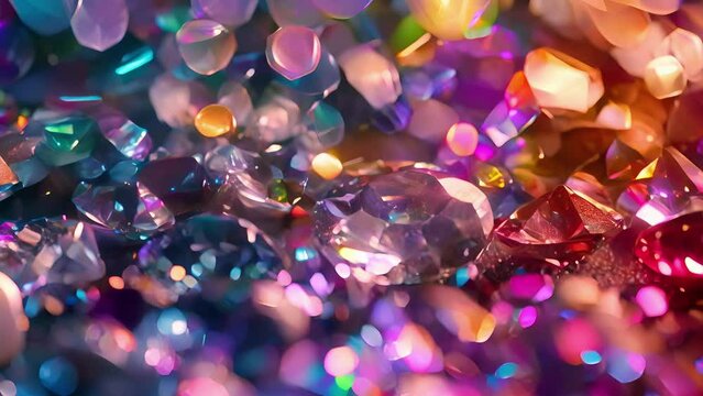 A rain of vibrant tokens onto a pile of precious gems illustrating the potential of tokenization in the world of highvalue assets.