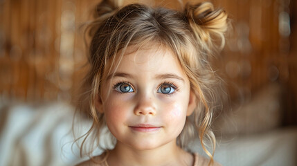 Professional studio photo portrait of a cute little girl, lovely kid with naive face, adorable baby, a child with a emotional expression, widescreen 16:9