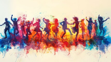Design a minimalist artwork of jubilant crowds. Show a group of people dancing and celebrating, with simple silhouettes and vibrant colors. Use a dynamic composition to convey movement and energy.