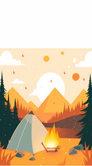 Vector camping tent in the forest.Summer camp with bonfire, tent, backpack . cartoon landscape with mountain, forest and campsite.