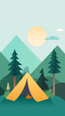 Obraz premium Vector camping tent in the forest.Summer camp with bonfire, tent, backpack . cartoon landscape with mountain, forest and campsite.