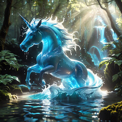 mystical unicorn creature with body from water on forest