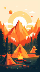 Vector camping tent in the forest.Summer camp with bonfire, tent, backpack . cartoon landscape with mountain, forest and campsite.