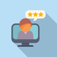 Flat design icon of a person giving a threestar review on a computer screen