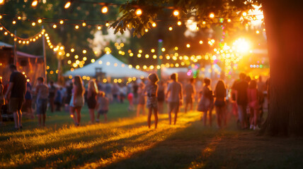 Outdoor festival with string lights at sunset, people enjoying the event.