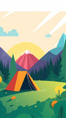 Vector camping tent in the forest.Summer camp with bonfire, tent, backpack . cartoon landscape with mountain, forest and campsite.