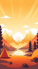 Vector camping tent in the forest.Summer camp with bonfire, tent, backpack . cartoon landscape with mountain, forest and campsite.