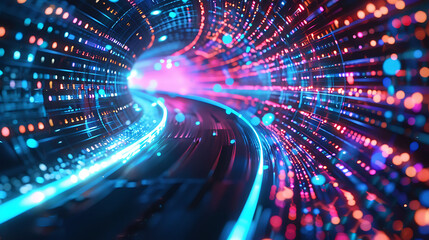 a futuristic tunnel pulsating with vibrant colors, neon lights sets the stage