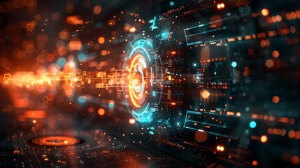 Futuristic tech concept with sleek icons and geometric shapes, representing advancement and innovation in technology.