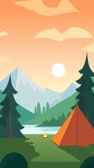 Vector camping tent in the forest.Summer camp with bonfire, tent, backpack . cartoon landscape with mountain, forest and campsite.