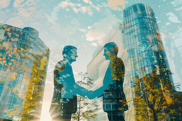 A successful partnership, Two business professionals sealing a deal with a firm handshake in front of a modern office building, double exposure