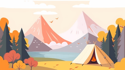 Vector camping tent in the forest.Summer camp with bonfire, tent, backpack . cartoon landscape with mountain, forest and campsite.