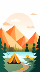 Vector camping tent in the forest.Summer camp with bonfire, tent, backpack . cartoon landscape with mountain, forest and campsite.