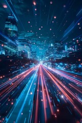 Fototapeta premium Global high-speed data transfer and high-speed broadband in futuristic technology city at night