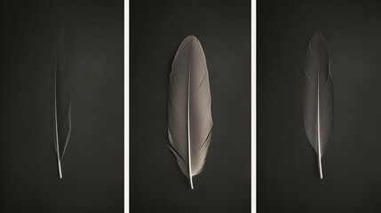 The painting in three panels shows feathers on a dark background.