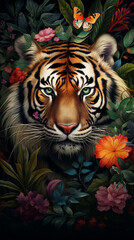 A majestic tiger in its natural habitat, surrounded by lush foliage and vibrant flowers