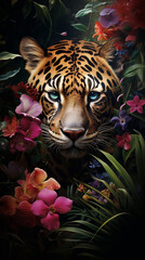 A majestic tiger in its natural habitat, surrounded by lush foliage and vibrant flowers