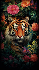A majestic tiger in its natural habitat, surrounded by lush foliage and vibrant flowers