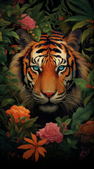 A majestic tiger in its natural habitat, surrounded by lush foliage and vibrant flowers