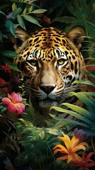 A majestic tiger in its natural habitat, surrounded by lush foliage and vibrant flowers