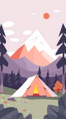 Vector camping tent in the forest.Summer camp with bonfire, tent, backpack . cartoon landscape with mountain, forest and campsite.