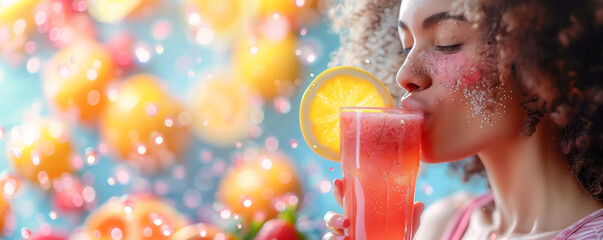 Pretty woman drinking fresh juice. Refreshment and healthy lifestyle concept.