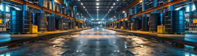 Empty warehouse with rows of shelves and a reflective floor