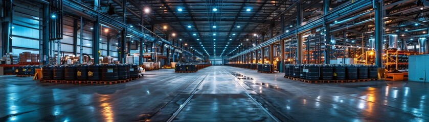 Obraz premium Industrial warehouse interior with steel beams, lighting, and reflective floor.