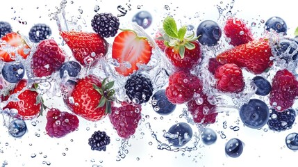 Fresh berries with water splashed over them on a white background showcasing their freshness and juiciness are highlighted in this image