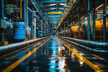 Fototapeta premium Industrial factory interior with machinery and pipes.