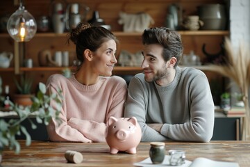 A couple smiles at each other with a piggy bank on the table, symbolizing financial planning.