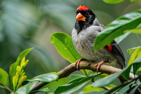 Yellow-billed cardinal sits on a branch with green leaves, banner with copy space. 
