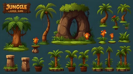 A set of vector elements for a computer game interface and web design, themed around jungle shamans, featuring GUI icons and buttons. generative.ai