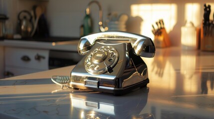 A vintage phone sits on a countertop in a kitchen - Powered by Adobe